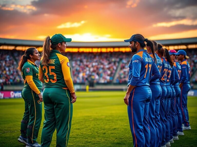 A dynamic action shot of South Africa Women vs India Women cricket match, featuring players in intense competition on a livel