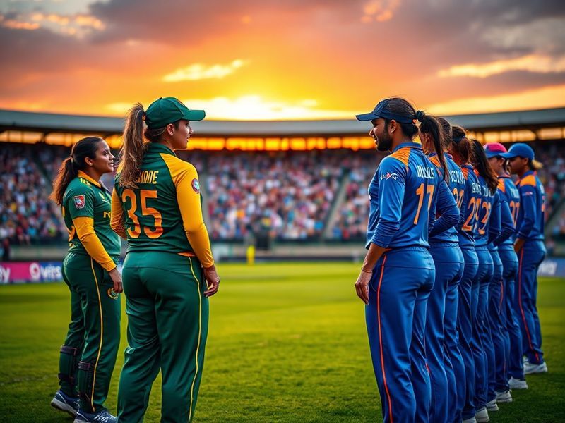 A dynamic action shot of South Africa Women vs India Women cricket match, featuring players in intense competition on a livel
