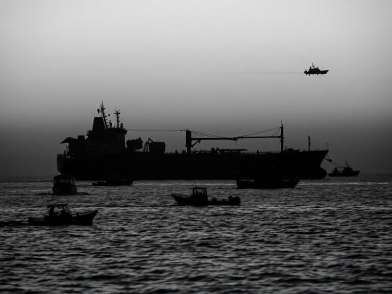 A moody, cinematic shot of an aging oil tanker sailing at dusk, its hull rusted and AIS transponder dark. The ship moves thro