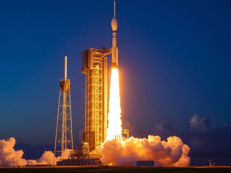 A dramatic nighttime launch of the SpaceX Falcon Heavy rocket from Kennedy Space Center, showing all 27 Merlin engines igniti