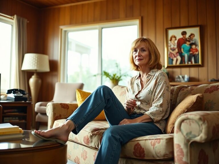 A candid black-and-white photo of Eve Plumb in her Jan Brady costume from The Brady Bunch, sitting pensively on the iconic st