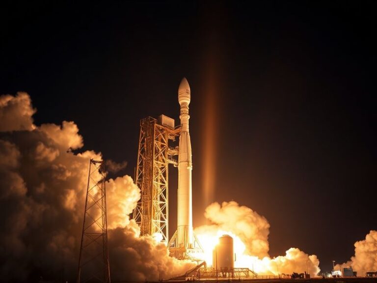 A dramatic image of the SpaceX Falcon Heavy lifting off from Kennedy Space Center, with its three boosters burning brightly a
