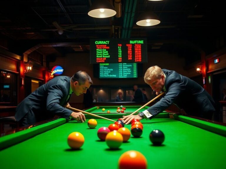 A split-screen image showing a snooker match in progress on a television screen with a smartphone displaying live scores in t
