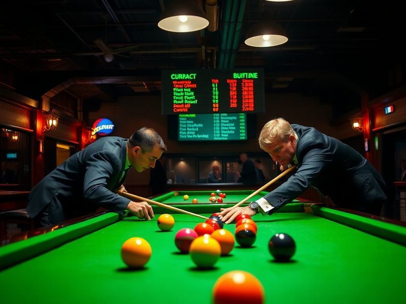 A split-screen image showing a snooker match in progress on a television screen with a smartphone displaying live scores in t