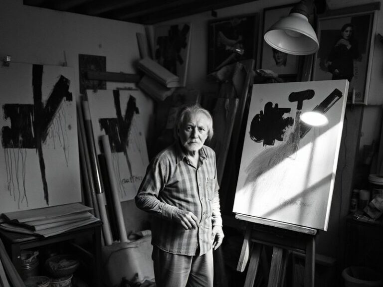 A moody, high-contrast photograph of Kristian Prenga working in his studio, surrounded by large format prints and vintage cam