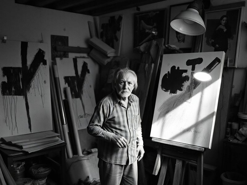 A moody, high-contrast photograph of Kristian Prenga working in his studio, surrounded by large format prints and vintage cam