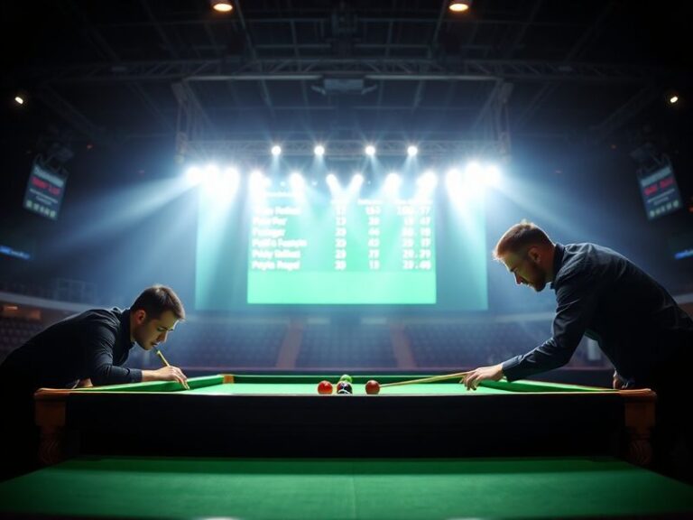 A vibrant digital scoreboard displaying live snooker action on a large screen, surrounded by fans in a packed arena with brig