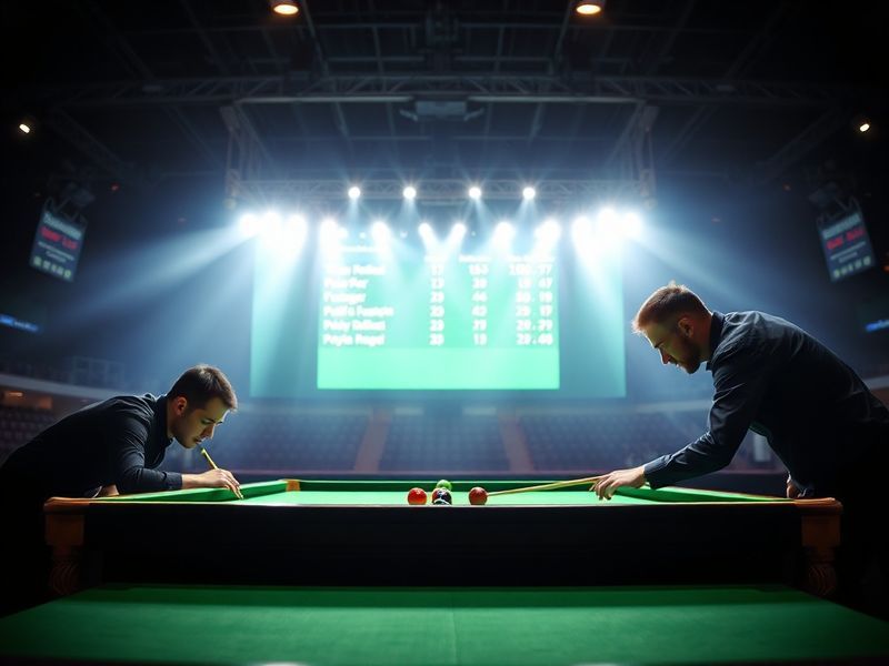 A vibrant digital scoreboard displaying live snooker action on a large screen, surrounded by fans in a packed arena with brig