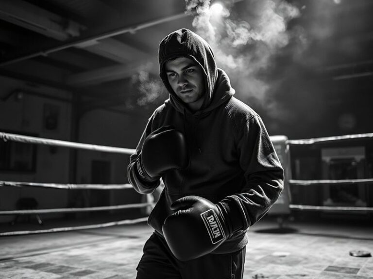 A dynamic studio shot of Kristian Prenga working on a large-scale canvas, surrounded by paint splatters, industrial materials