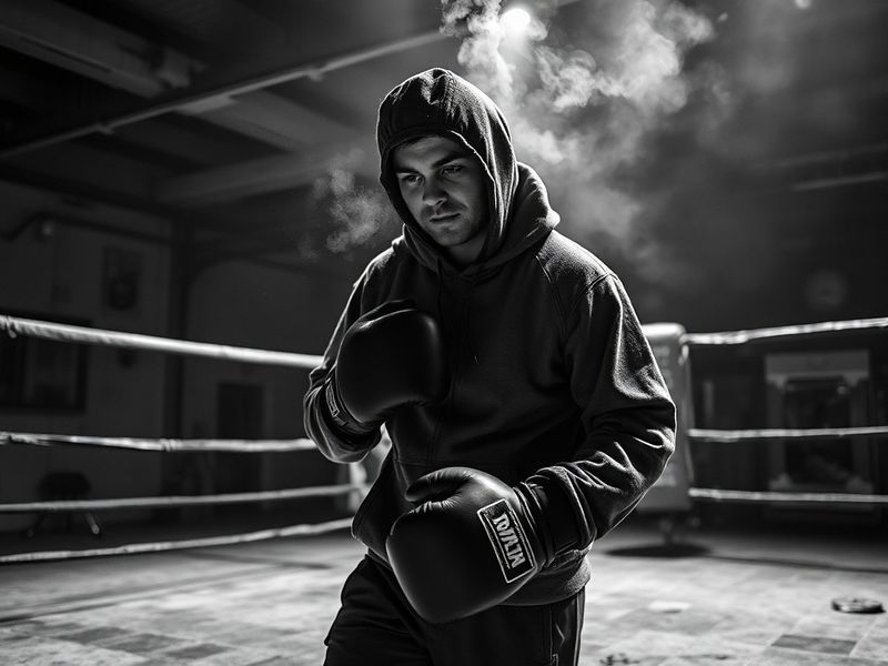 A dynamic studio shot of Kristian Prenga working on a large-scale canvas, surrounded by paint splatters, industrial materials