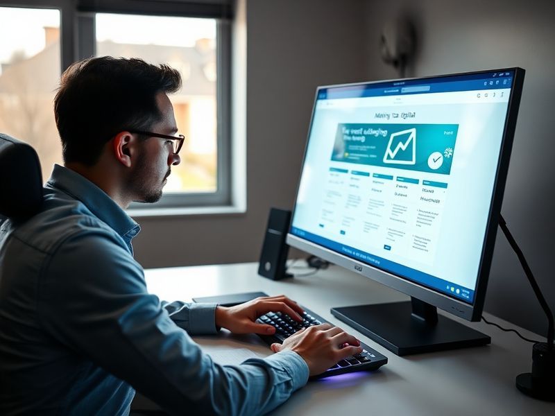 A modern office scene with a laptop displaying tax software, surrounded by financial documents and a calculator. The setting