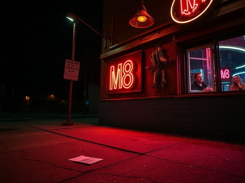 A vintage radio dial tuned to 890 AM, with the M8 call letters faintly glowing. The background shows a Boston skyline at dusk