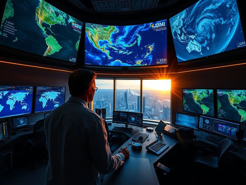 A split-screen image showing a meteorologist analyzing satellite data on a computer screen alongside a high-tech weather stat