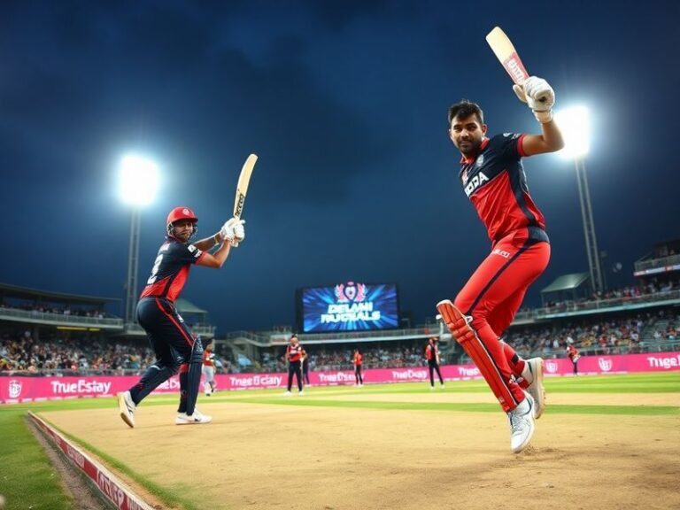 A vibrant stadium packed with fans wearing red and black (RCB) and blue and orange (DC) jerseys, with players in action under