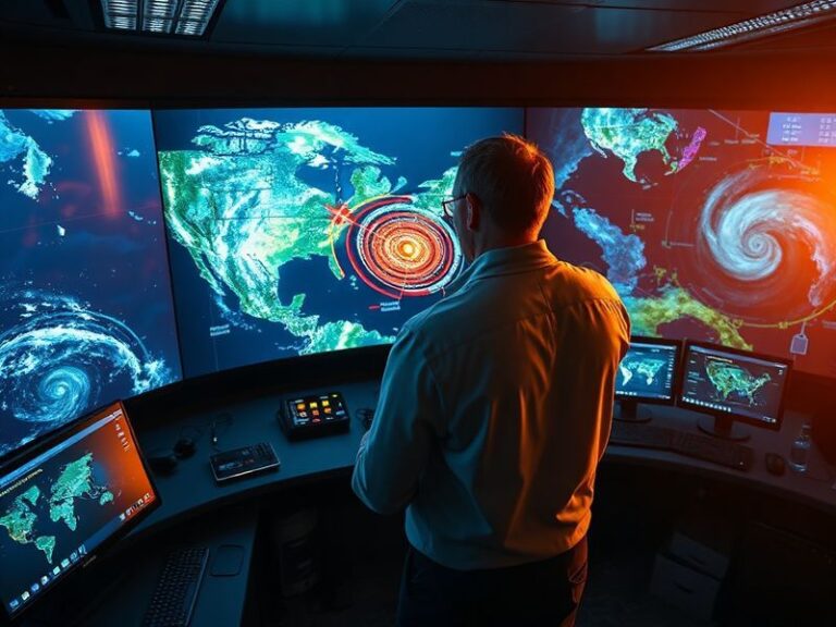 A high-tech weather station with satellite dishes, radars, and a meteorologist analyzing data on multiple screens in a modern