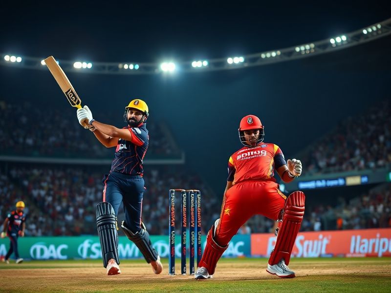 A packed Chinnaswamy Stadium with RCB and DC players in action under bright stadium lights, showcasing intense competition an