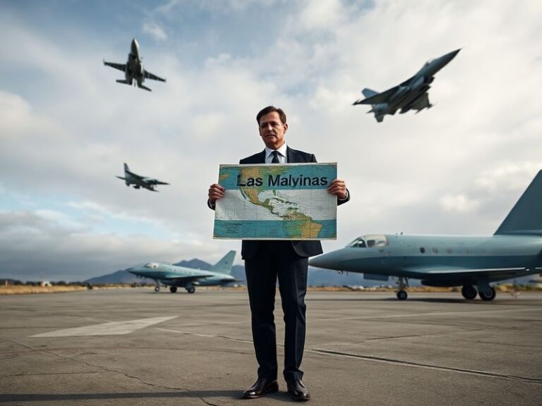 A panoramic view of the Falkland Islands coastline with a British flag flying over a settlement, contrasted with an Argentine