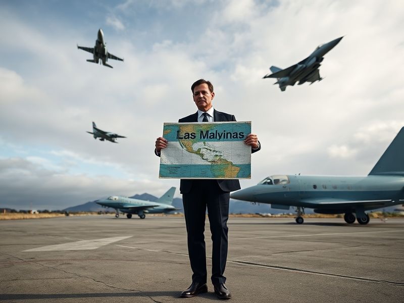 A panoramic view of the Falkland Islands coastline with a British flag flying over a settlement, contrasted with an Argentine