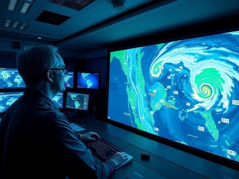 A split-image illustration showing the contrast between ancient weather prediction methods (a person observing cloud patterns