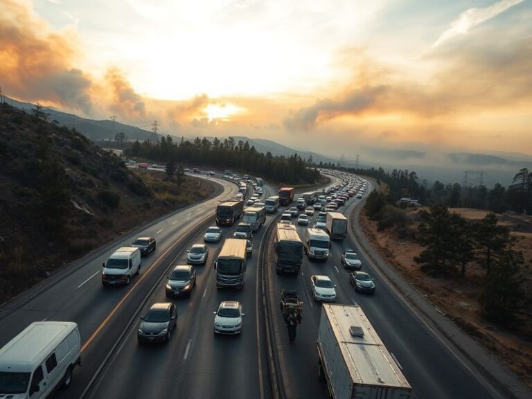 A wide shot of a well-organized evacuation scene in Bountiful, Utah, with emergency vehicles, residents following clear direc