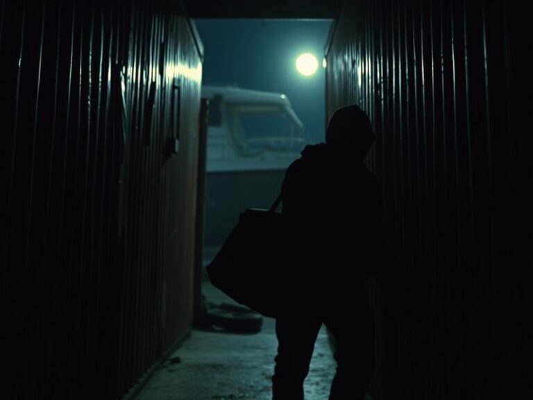 A dimly lit dock at night, with silhouettes of smugglers unloading crates from a small boat onto a beach. The scene is moody,
