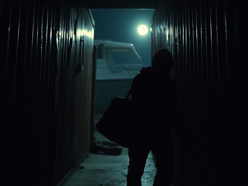 A dimly lit dock at night, with silhouettes of smugglers unloading crates from a small boat onto a beach. The scene is moody,