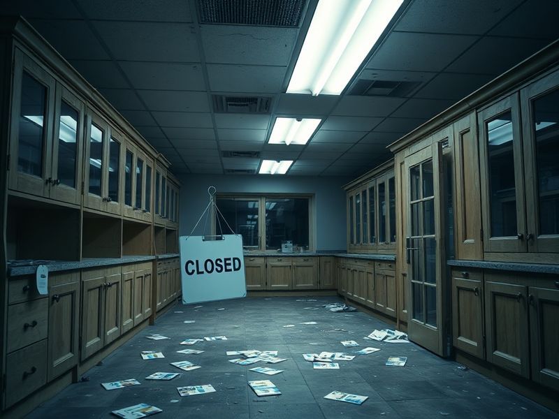 A modern kitchen showroom with empty display units and a 'Closing Down' sign on the door, conveying the end of an era for Wre