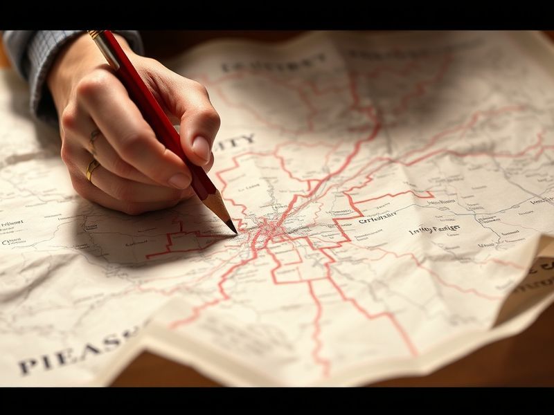 A top-down view of a U.S. map overlaid with red and blue puzzle pieces, with a magnifying glass highlighting a single distric