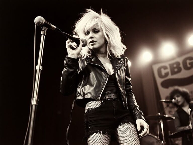 A vibrant studio portrait of Debbie Harry in the late 1970s, with her signature platinum blonde hair, bold makeup, and a leat