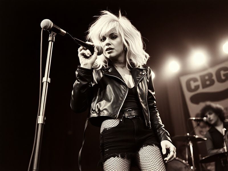 A vibrant studio portrait of Debbie Harry in the late 1970s, with her signature platinum blonde hair, bold makeup, and a leat