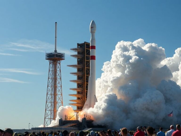 A majestic SpaceX Falcon Heavy rocket lifting off from Kennedy Space Center, with its three cores and bright orange flames cr