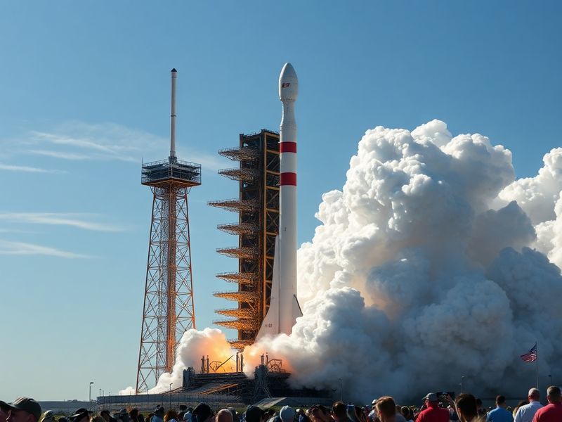 A majestic SpaceX Falcon Heavy rocket lifting off from Kennedy Space Center, with its three cores and bright orange flames cr