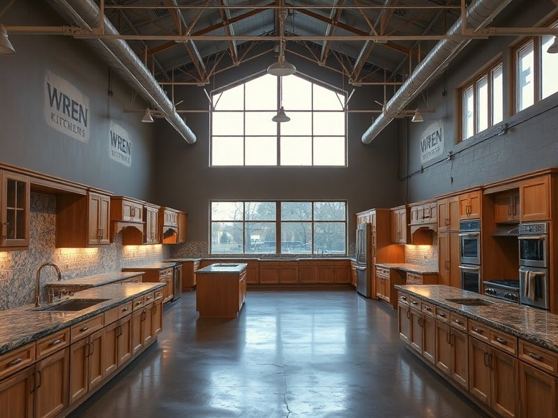 A modern, empty Wren Kitchens showroom with pristine countertops and cabinet displays, bathed in soft lighting. The space fee