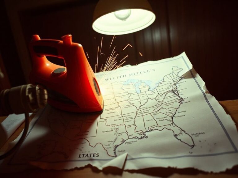 An aerial view of a U.S. city divided by district lines, with a focus on a courthouse and a legislative chamber in the backgr