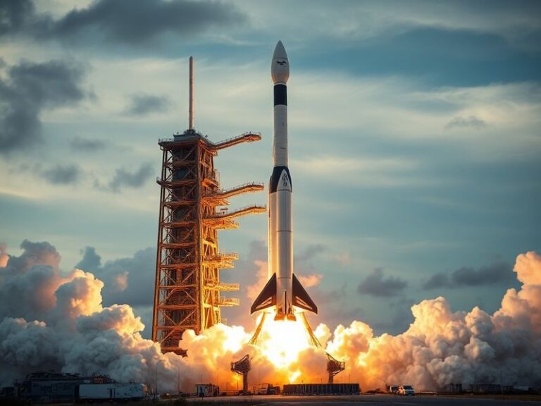 A high-resolution image of the SpaceX Falcon Heavy rocket lifting off from Kennedy Space Center, with its three core boosters