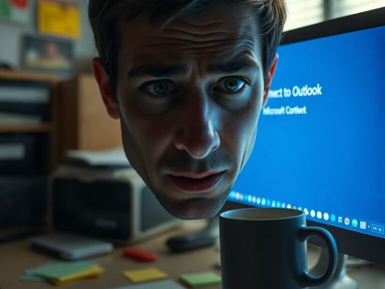 A split-screen image showing a frustrated user staring at a loading screen on Outlook alongside a Microsoft server room with