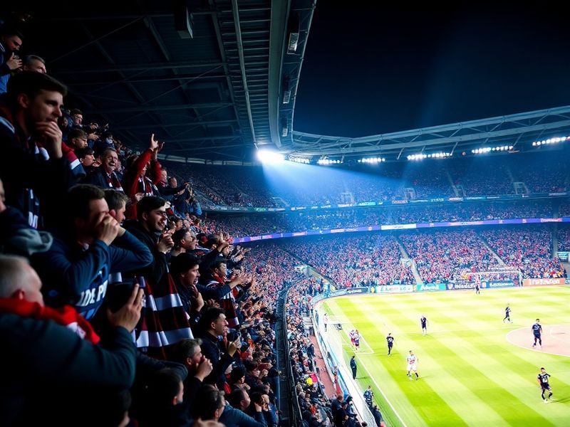 A wide-angle shot of Cagliari's Unipol Domus stadium at dusk, with Atalanta players warming up in black-and-blue stripes and