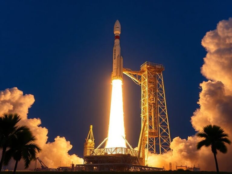 A high-definition image of the SpaceX Falcon Heavy rocket lifting off from Kennedy Space Center's Launch Complex 39A, with th