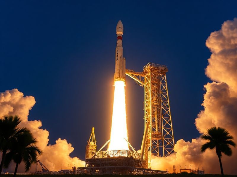 A high-definition image of the SpaceX Falcon Heavy rocket lifting off from Kennedy Space Center's Launch Complex 39A, with th