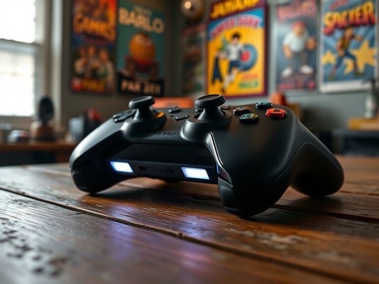 A high-detail image of the Steam Controller placed on a wooden desk, with its dual trackpads and back buttons clearly visible