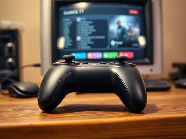 A detailed image of the Steam Controller resting on a wooden desk, showcasing its dual trackpads, back buttons, and Steam bra