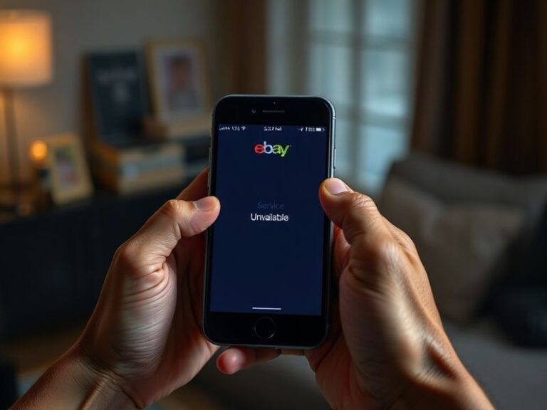 A split-screen image showing a frustrated user checking eBay on a laptop with a 'site down' error, contrasted with a calm eBa