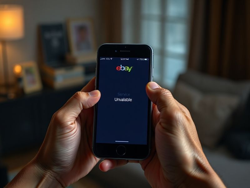 A split-screen image showing a frustrated user checking eBay on a laptop with a 'site down' error, contrasted with a calm eBa