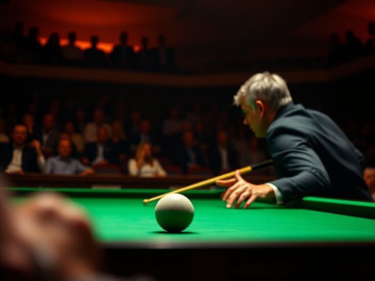 A vibrant scene from a professional snooker tournament, featuring players in action on a green baize table, surrounded by an