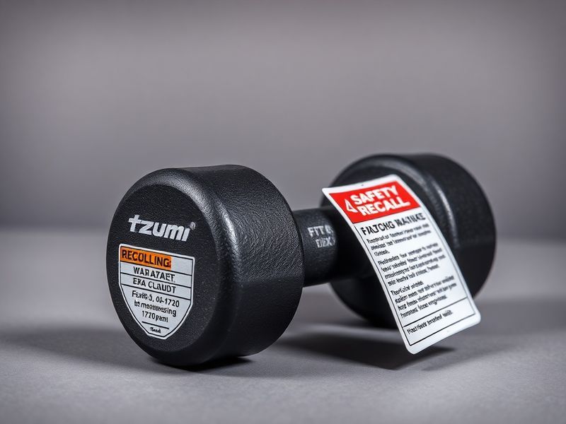 A split image showing a Tzumi FitRX dumbbell set on a gym mat on one side, and a caution tape barrier with a warning label on