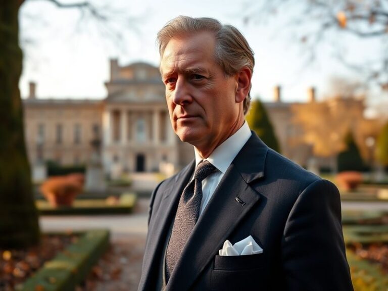 A formal portrait of King Charles III in royal regalia, standing in a grand palace setting with soft natural lighting, convey