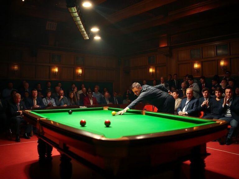 A tightly framed shot of the Crucible Theatre’s green baize under stage lights, with a player mid-stroke in a crisp suit, cue