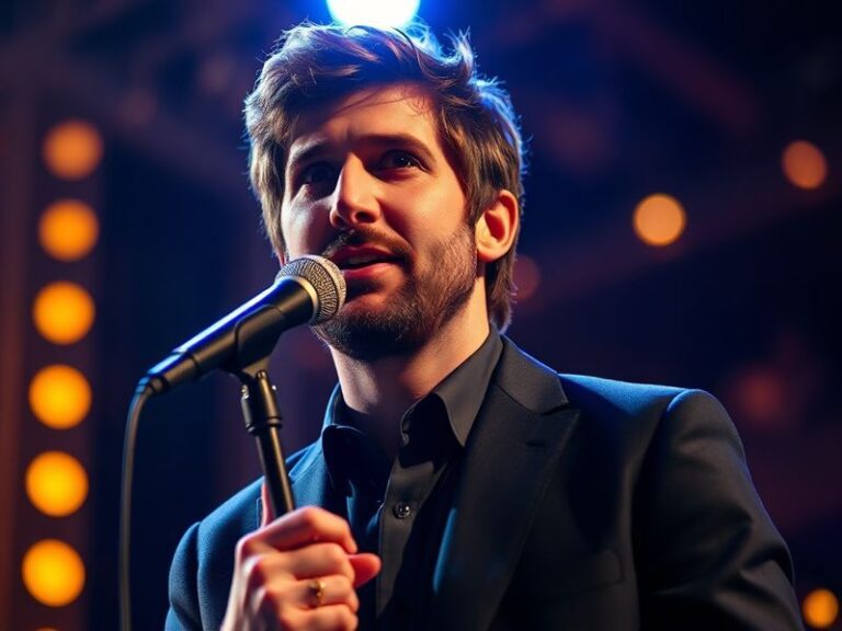 A warm, stage-lit portrait of Josh Groban mid-performance, wearing a dark suit with a microphone in hand. The background feat