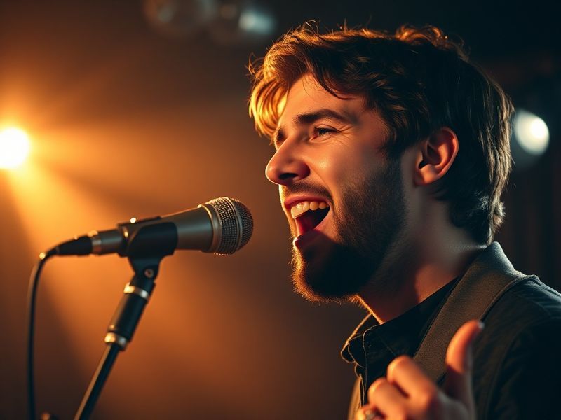A polished portrait of Josh Groban singing on stage with warm stage lighting, wearing a dark suit. His eyes are closed in emo