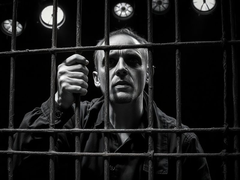 A close-up shot of a podcast recording setup in a dimly lit studio, with two hosts engaged in discussion. The background feat